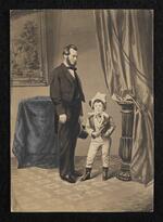 Illustration: Stratton as General Tom Thumb in costumes from the 1861 Currier and Ives print, Stratton with a bearded man