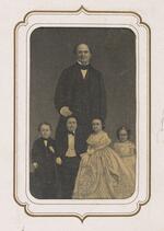 From the Fairy Wedding Album: Illustrated image of P.T. Barnum standing with Fairy Wedding party
