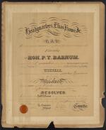 Document: Decree from the Grand Army of the Republic, post no. 3 honoring P.T. Barnum