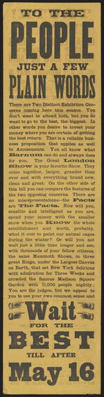 Handbill: "Truth! [...] Compare! [...] Great London Circus and P.T. Barnum's Greatest Show on Earth" for Monday, May 1