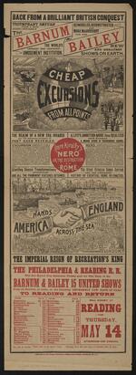 Handbill: The Barnum and Bailey Greatest Shows on Earth for Reading, May 14, 1891 with red and black ink