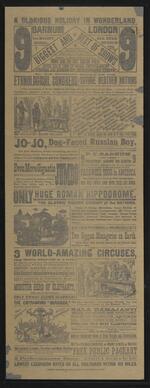 Handbill: "Barnum & London, Barnum Returns No More" Lowell, Mass., for June 22, 1884 featuring Jumbo (verso)