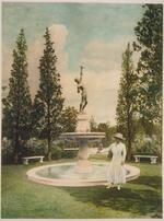 Woman Holding Flowers In Front Of Fountain, Branford House
