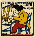 Book plate depicting Man hunched over at a blue desk, wearing yellow coat and red pants.  Appears to be examining coins