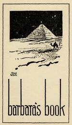 Book plate depicting dark sky in the desert; a camel rides against a pyramid backdrop