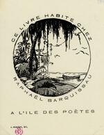 Book plate depicting View from a tropical island (possibly Reunion Island).  Small canoe floating on the shore, tropical flora on the coast