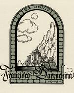 Book plate depicting View from a tall tower window; an old building on a rocky mountain side.  Tower window is green.
