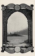 Book plate depicting View from a stone archway of a misty village on the water