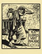 Book plate depicting 'Diogenes with the lantern'; an old man (Diogenes), holding a lanter, looking out with hand shielding his eyes