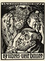 Book plate depicting An old matriarch wearing a crown, fur coat, chains, and holding a scepter; an old man huddles in front