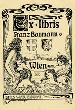 Book plate depicting five nude women in the water, foreground.  Background is a scene of a city, most likely Vienna.  At center are two shields