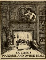 Book plate depicting Mythical figures gathered around a fireplace in a large home library.  Satyr, Roc