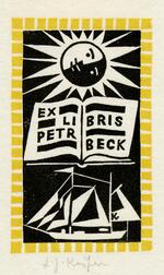 Book plate depicting In two colors; yellow dotted rectangular border, white ship at bottom, open book with owner's name at center, sun with face at top