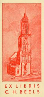Book plate depicting Image is in red; that of a narrow church with a tall steeple