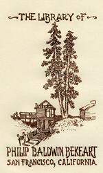 Book plate depicting Wooden house next to two tall trees.  Wooden pathway leading up to the house