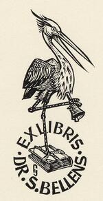Book plate depicting A stork-like bird standing on a closed book, one leg holding a bell.
