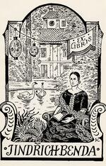 Book plate depicting Woman in dark dress seated on a bench with a book.  Behind her are two swans in a lake, behind which is the back of a house