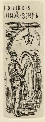 Book plate depicting Man filling his beerstein at a large wooden barrel in a basement