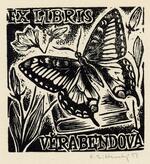 Book plate depicting A large butterfly hovering over a book.  A few flowers off to either side