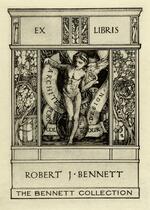 Book plate depicting nude figure posing at center with ribbons, on which is written the motto.  There is a globe at its feet.  Left and right panels are ornate floral design.