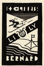 Book plate depicting Black border; interior, upper right; woman downhill skiing, lower left; tent with flag on top, on a beach.