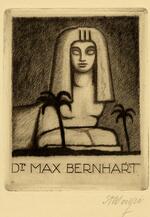 Book plate depicting Sphinx-like object in the desert; two palm trees in front