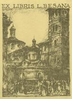 Book plate depicting A busy city scene, fin de siecle.  Tall tower at far right and left, pedestrians walking the streets