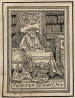 Book plate depicting 17th century; man in his library at a desk with quill pen
