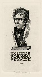 Book plate depicting A bust of Chateaubriand behind a bottle of ink and a quill pen, both atop two closed books.  ""Chateaubriand"" labeled at left