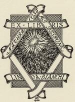Book plate depicting ribbon with motto forms a diamond in which is the image, that of a sunflower.  Patterned background behind image