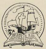 Book plate depicting An open book with 'Biblia' across both pages.  Above is a circular image of a ship, not unlike those of Columbus' voyages.