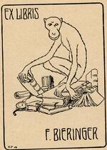 Book plate depicting A monkey atop a small pile of books