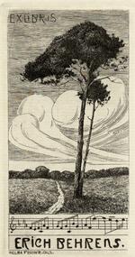 Book plate depicting At bottom are four measures of music in 3/8 time with owner's name.  Rest of the plate is a grassy field with one tall tree and dirt path leading to the forest; clouds