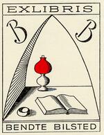 Book plate depicting black, white, and red.  Owner's initials at top left and right.  Bottom is open book, at center is a red lamp