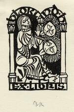 Book plate depicting Seated figure, two lion's heads coming at him from the right
