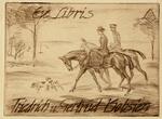 Book plate depicting Man and woman riding horseback behind two dogs