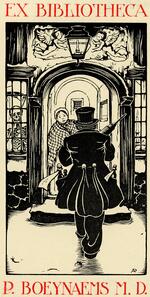 Book plate depicting A woman, answering the door, stands frightened in her doorway.  A skeleton is in her house, visible through her window.  In front of her, with his back to us, is a man in a black suit with champagne and a rifle