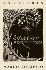 Book plate depicting black sky w ith one star.  Left is abstract tree with thorns below and leaves above