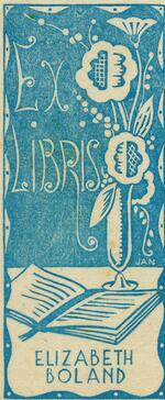 Book plate depicting In blue.  Open book on flat surface; tall, thin vase with blooming flower