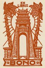 Book plate depicting A pagoda type building with large front archway.  Left and right of pagoda are a palm tree, center background is the sun
