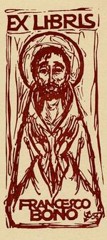 Book plate depicting Religious figure, possibly Jesus, robed with hands at his chest.  Circle behind figure's head.