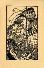 Book plate depicting woman with flowing dress and hair standing in boat filled with flowers