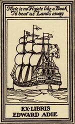 Book plate depicting boat (frigate) sailing on calm ocean