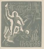 Book plate depicting silhouetted man holding torch atop pyramids and books, factories and smoke stacks