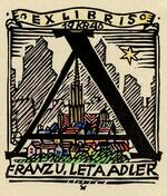 Book plate depicting letter 'A' over a colored city scene
