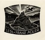 Book plate depicting black bird soaring over mountaintop castle, rays of light in background
