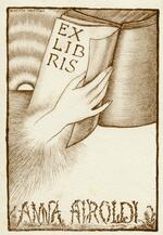 Book plate depicting Hand holding a book; background shining rays of sunlight
