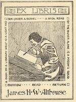 Book plate depicting A man at a desk writing in a book.  The motto surounds the picture
