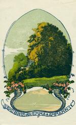 Book plate depicting On a hilltop. a white house barely visible behind lush trees and bushes.  Lovely colors