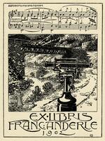 Book plate depicting Four measures of piano music at the top, in the middle is a surveying telescope next to a bridge.